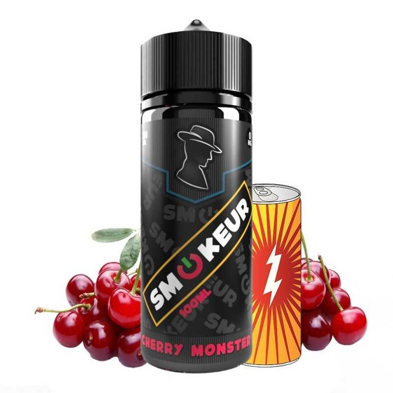 Fiole de e liiquide 100 ml Cherry Monster smokeur avec sa boisson énergisante en canette et ses cerises juteuses.