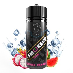 Flacon e-liquide Summer Dragon smokeur 100ml avec sa pastèque juteuse, un fruit du dragon coupé en deux et des glaçons pour le c