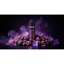 Mise en scène du e-liquide Dream Fusion entouré de mûres, framboises et fleurs de violette