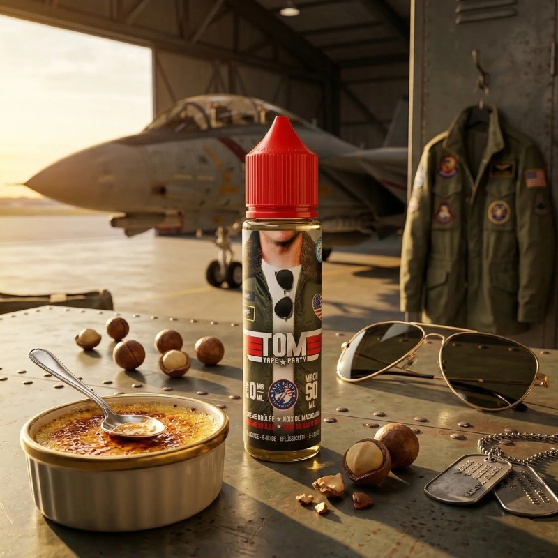 E-liquide Tom 50ml Swoke dans un décor de hangar d'avion