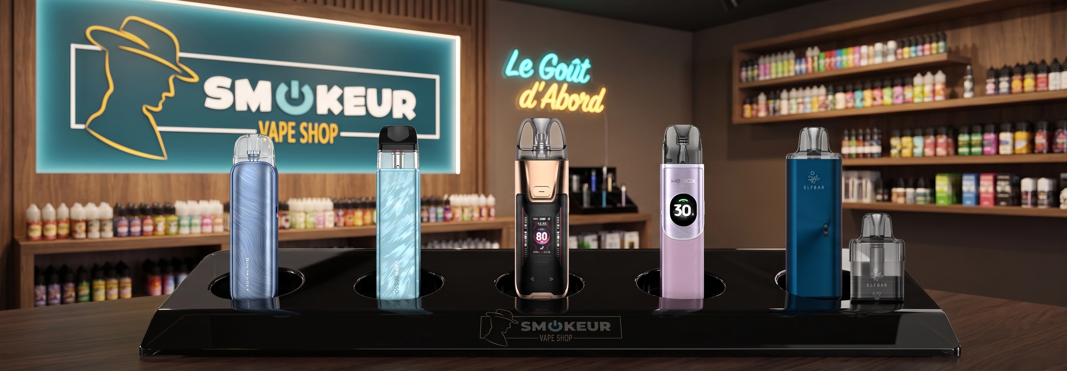 Pod Pico Aura 2, Xros 5 mini, Luxe XR Max 2, Wenax Q2 et Elfbar Mega, illustré dans une boutique Smokeur