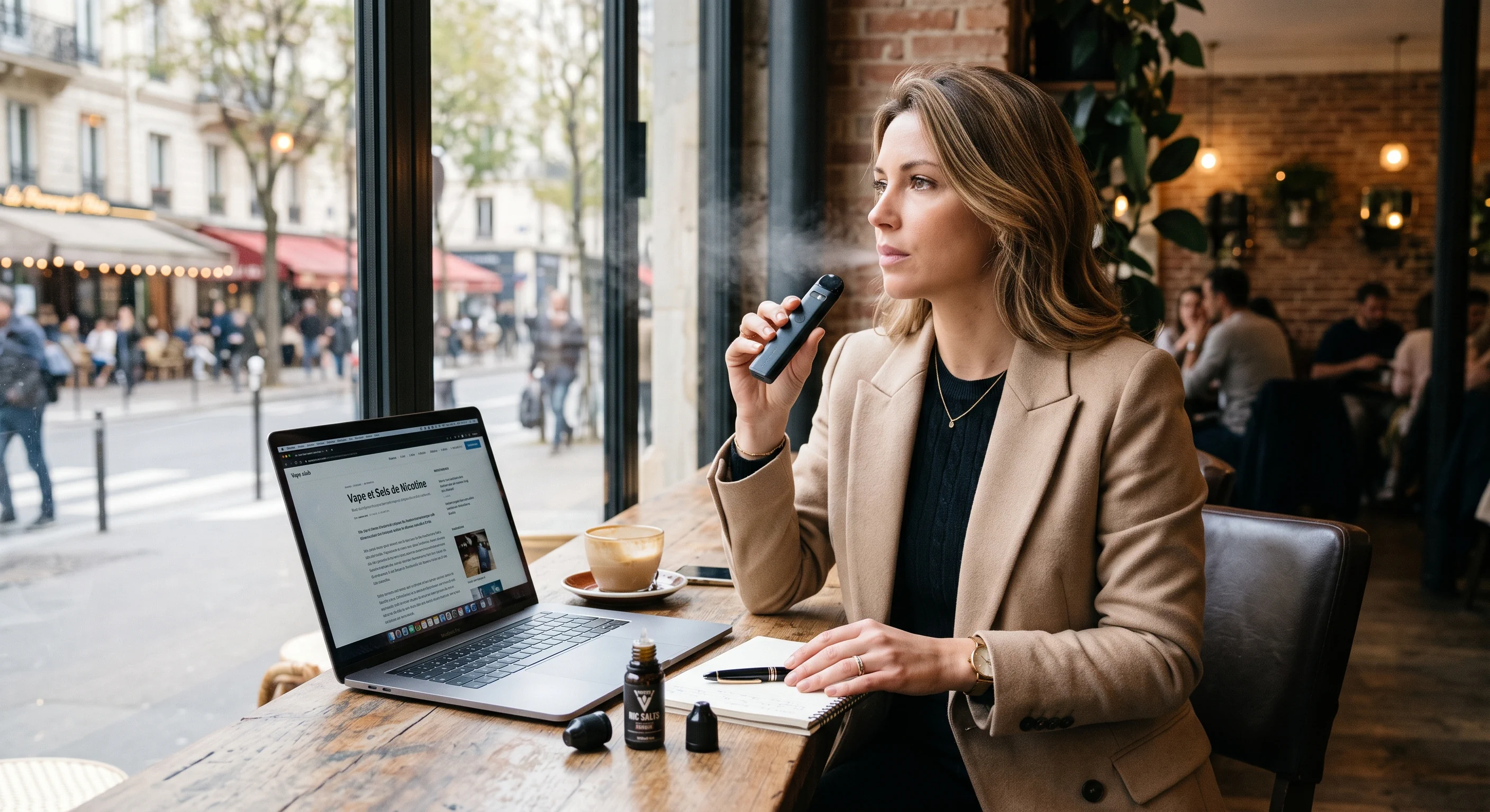 Femme qui vapote dans un café, avec un pod en sel de nicotine
