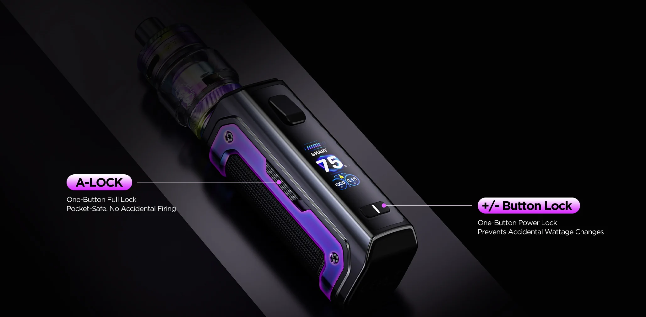 Kit Aegis Mini 5 GeekVape, boutons de réglages et vérouillage