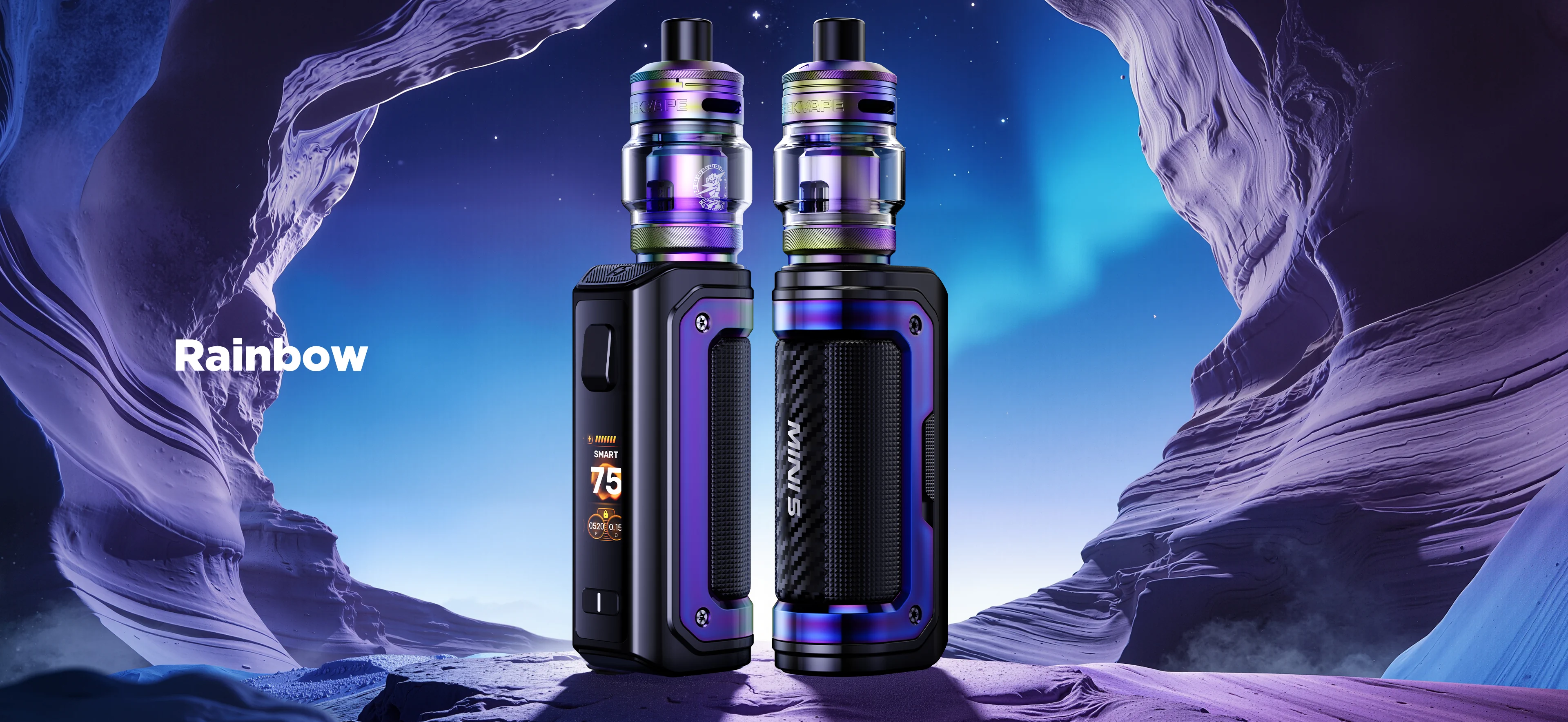 Kit Aegis Mini 5 GeekVape, Rainbow, dans un décor illustratif lunaire