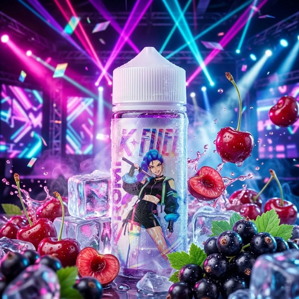 Romi 100ml - K-Fuel dans un décor K-Pop avec les ingrédients représentés