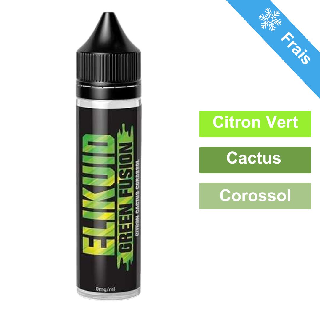 Fiole de green fusion 50 ml avec la liste des Goûts cactus, citron vert et le corossol