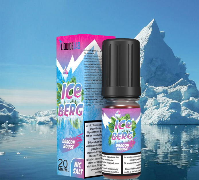 image avec un iceberg en fond et le eliquide dragon rouge iceberg-10ml-o-jlab 20mg sel de nicotine