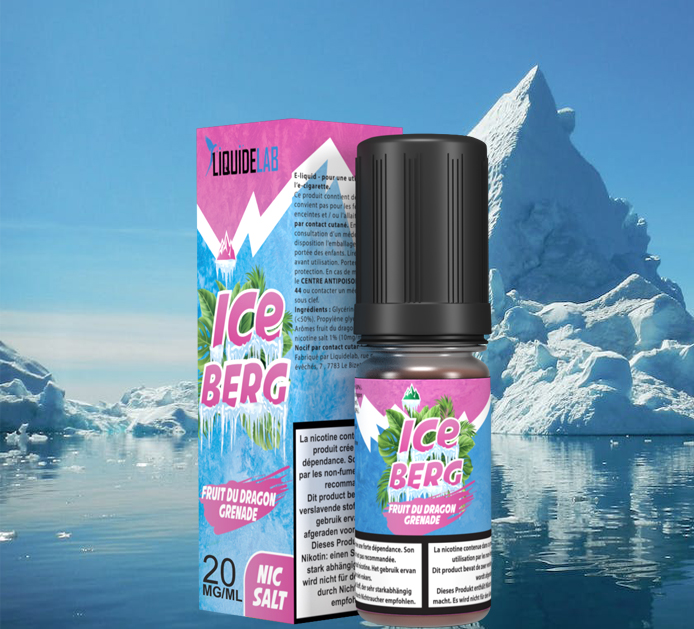 image d'un icebetrg en fond avec le E liquide iceberg-fruit du dragon grenade 20mg de sel de nicotine-10ml-o-jlab