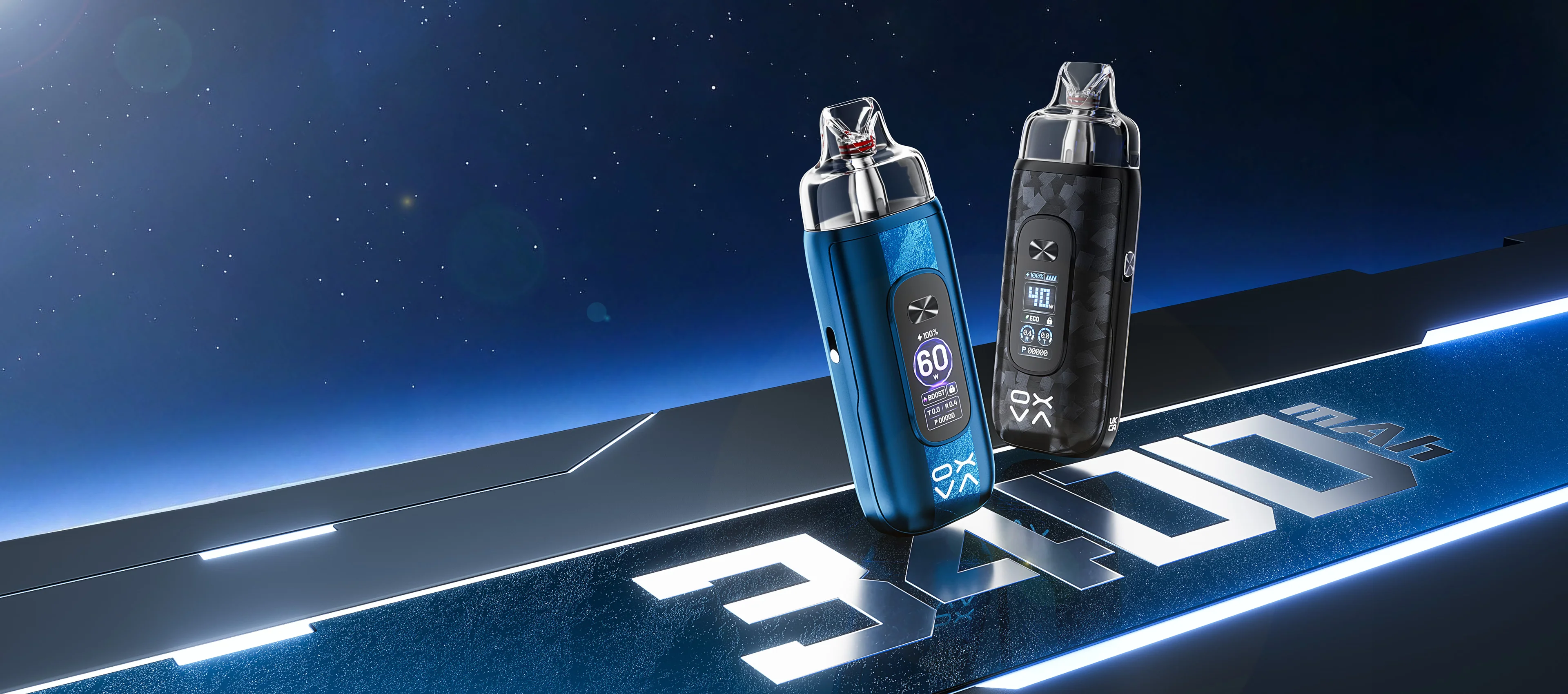 Pod VPrime 2 OXVA Mirage Blue, et Shard Black dans un décor avec 3400 mAh