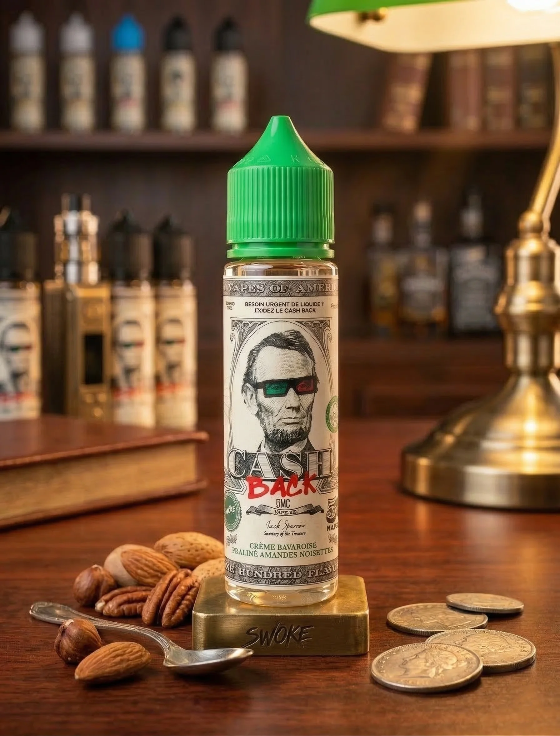 E-liquide Cash Back 50ml Swoke, dans un décor illustré