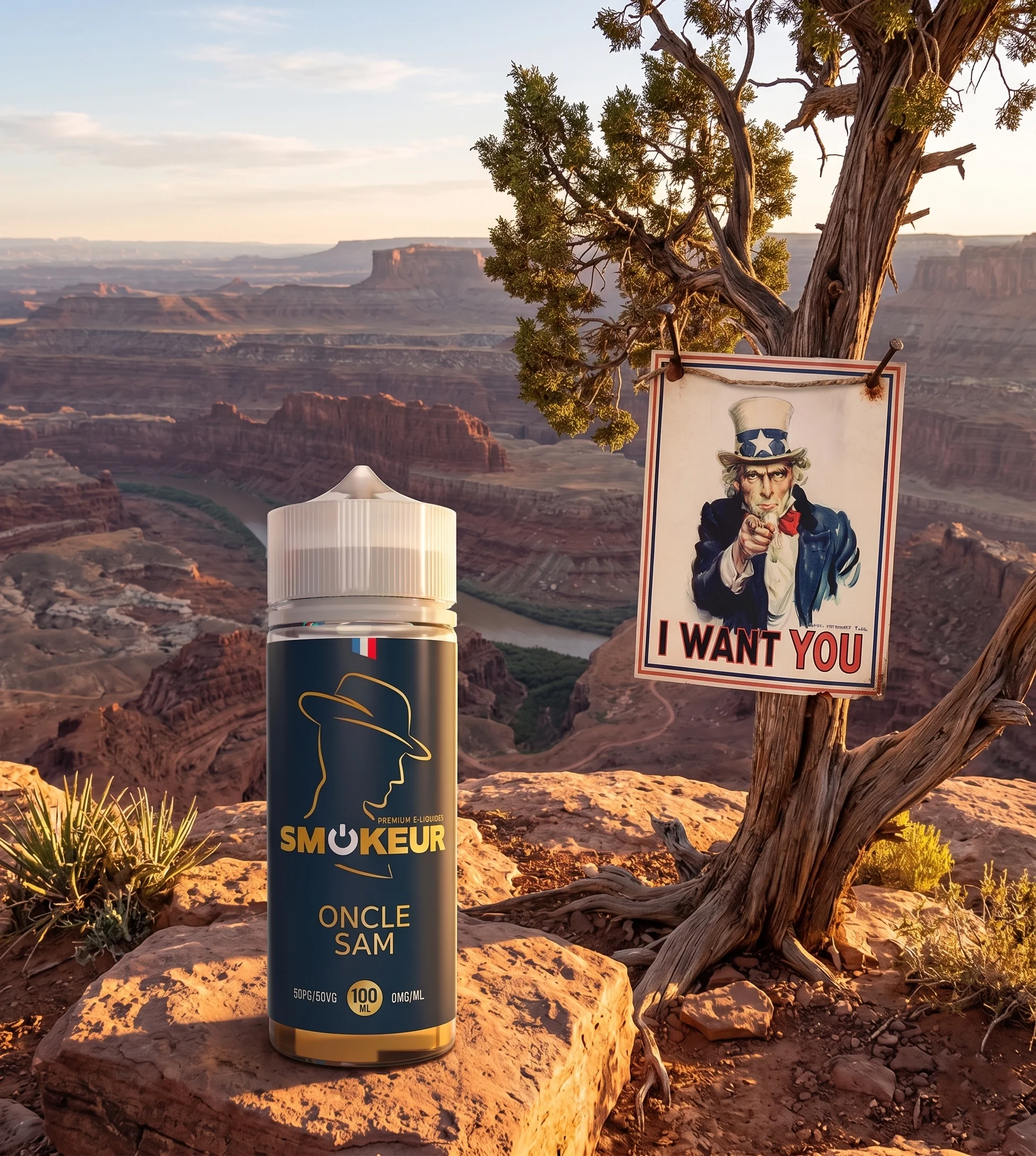 Oncle Sam - Smokeur 100ml dans son décor Ouest Américain illustratif