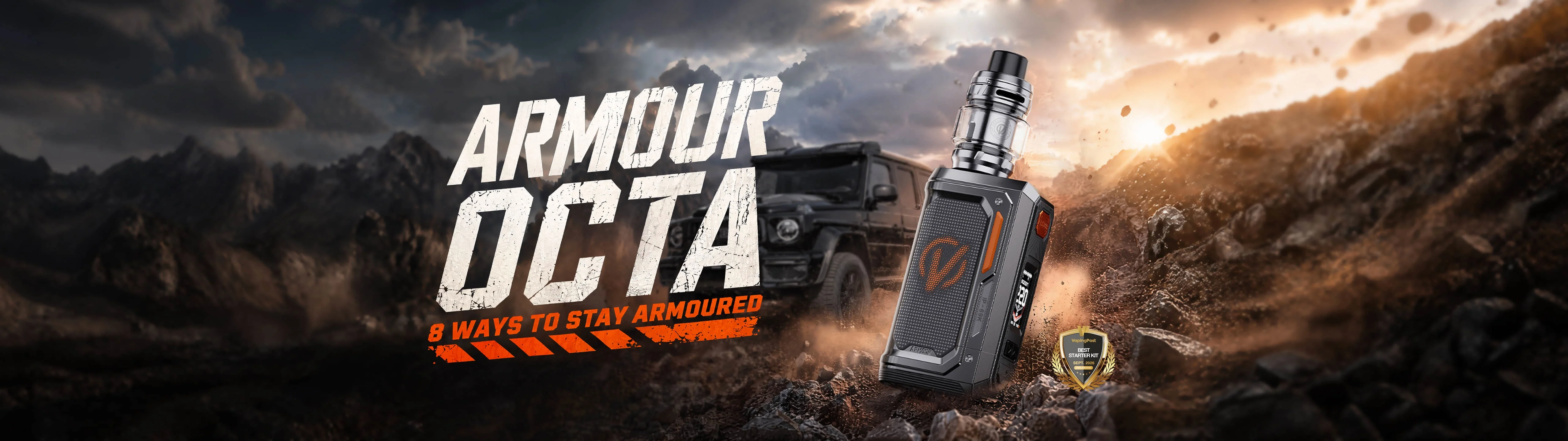 Kit Armour Octa Vaporesso, avec slogan et décor desert et 4X4
