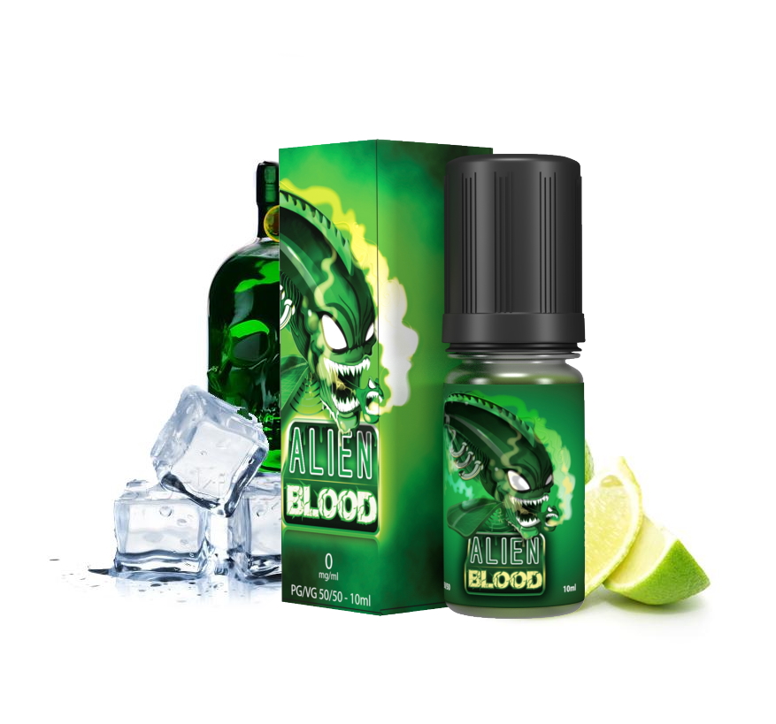 Fiole 10ml alien blood nicotiné avec ses ingrédients.