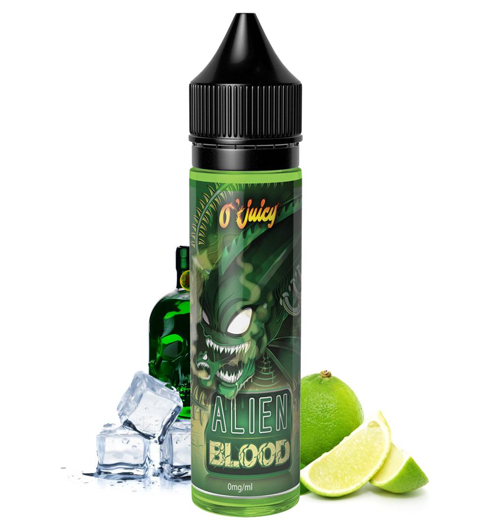 Fiole alien blood 50 ml avec citron vert et fraicheur représentée par des glaçons.