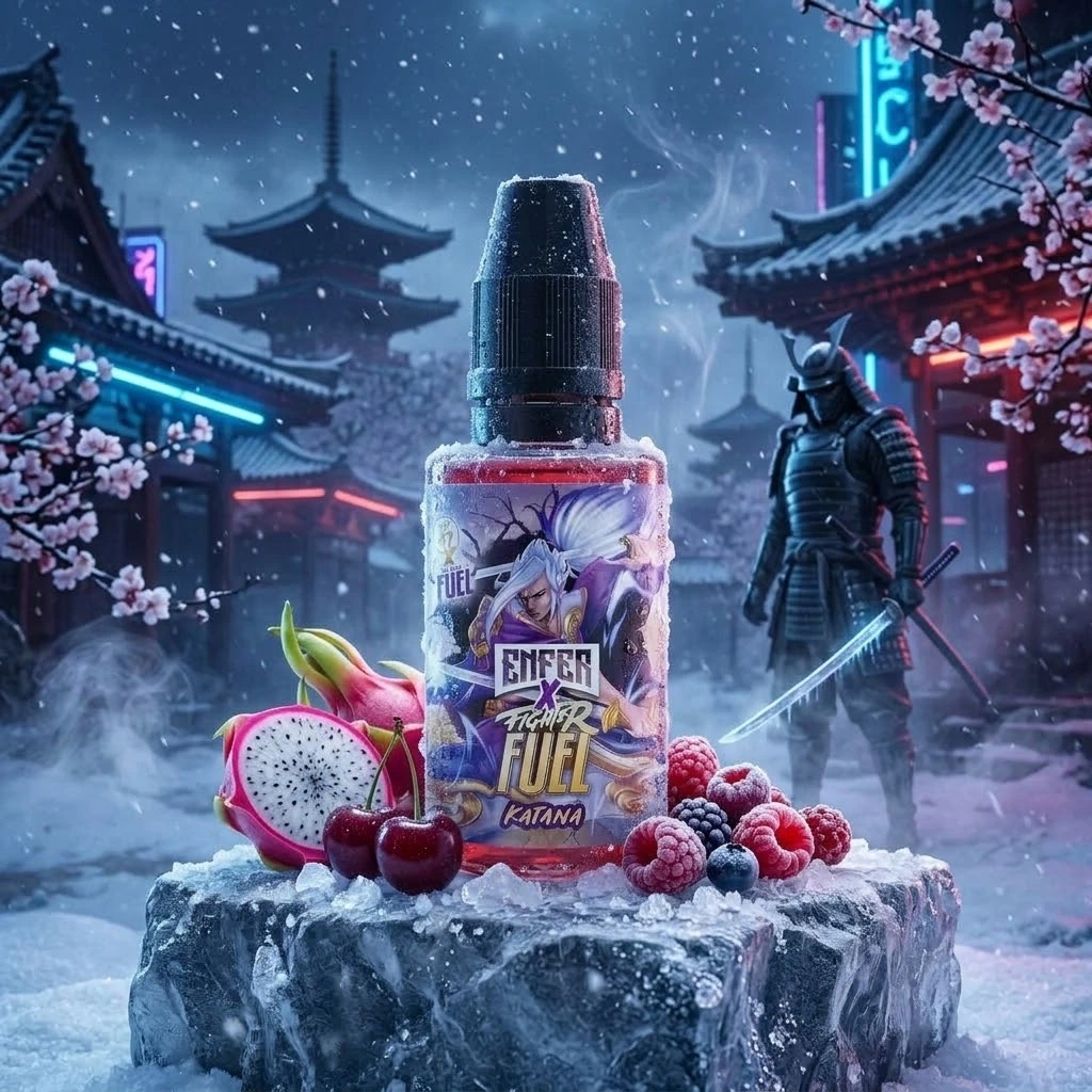 Arôme Katana 30ml - Enfer x Fighter Fuel, dans un décor glaçé de Japon antique