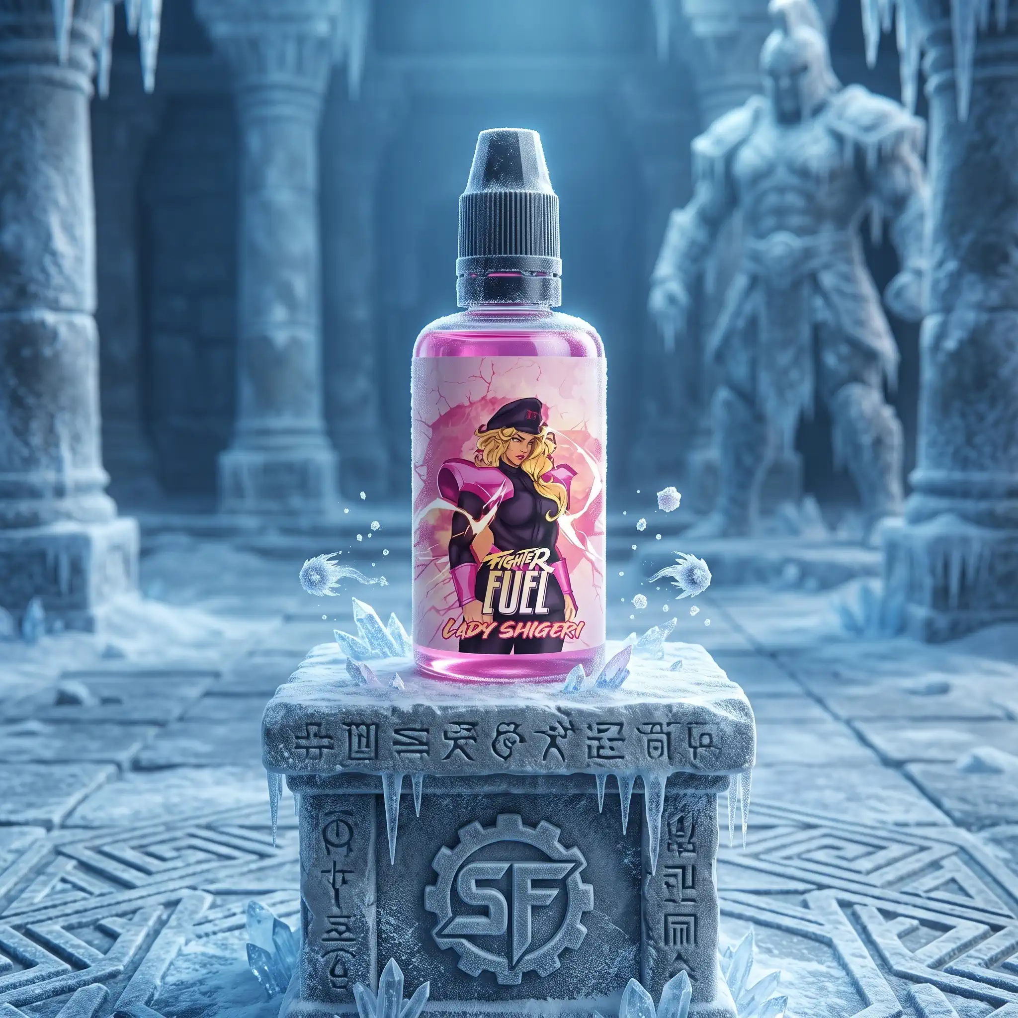 Arôme concentré Lady Shigeri 30ml Fighter Fuel, illustré dans un décor glacé