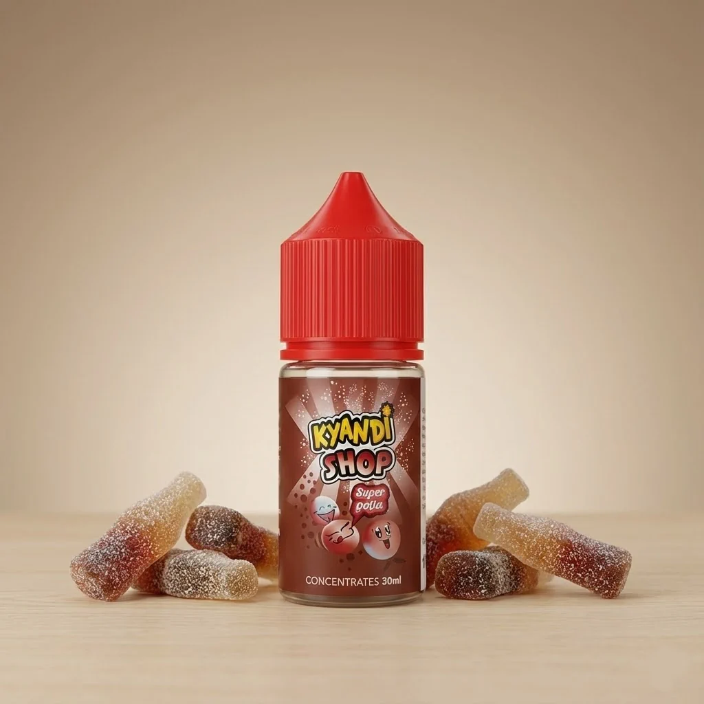 Arôme Super Cola 30ml Kyandi Shop, dans un décor neutre et des bonbons "bouteille de cola"