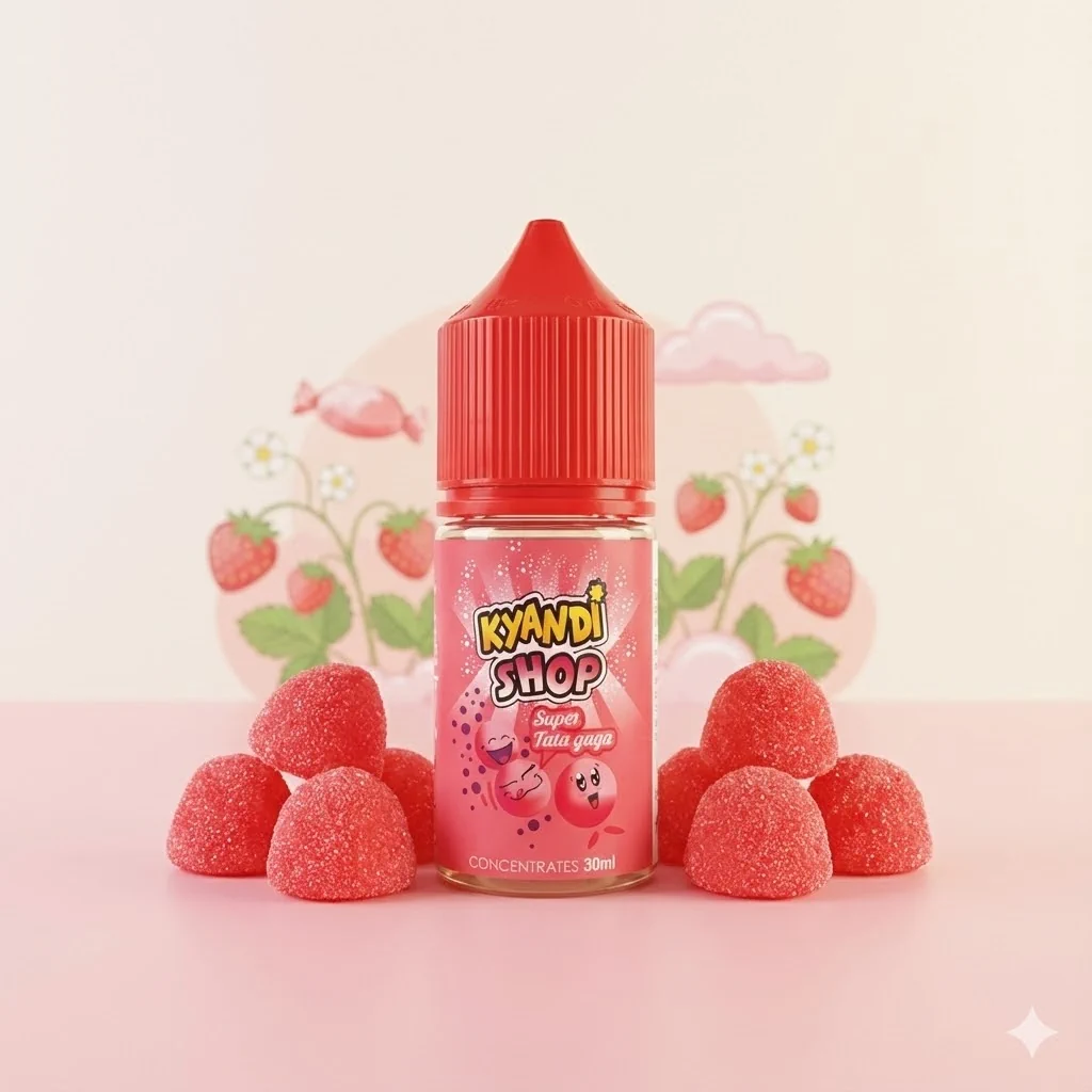 Arôme Super Tata Gada Kyandi Shop 30ml, dans un décor avec ses bonbons fraise