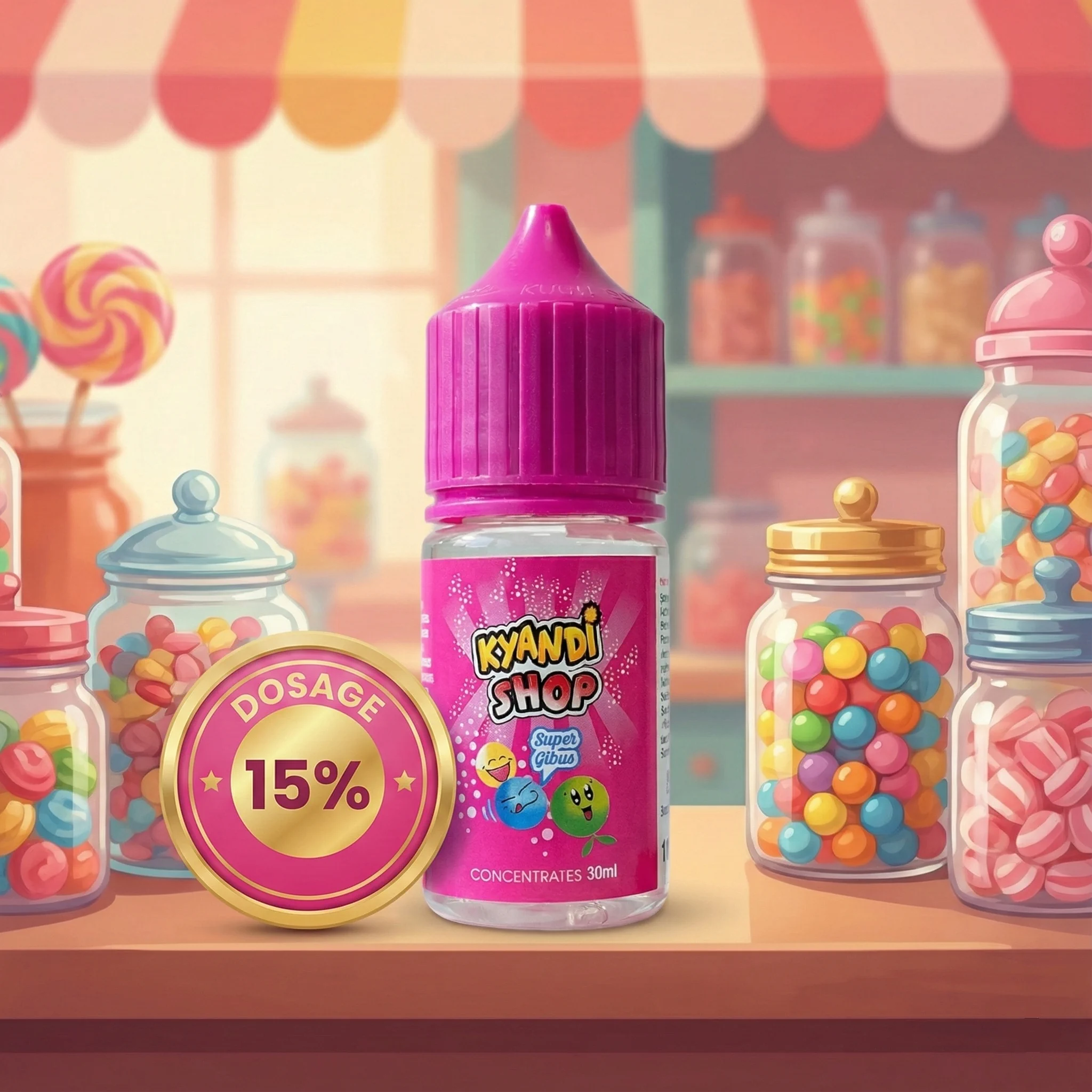 Arome 30ml Super Gibus gamme Kyandi Shop, dans une illustration fantaisiste, avec son taux de concentration recomandé