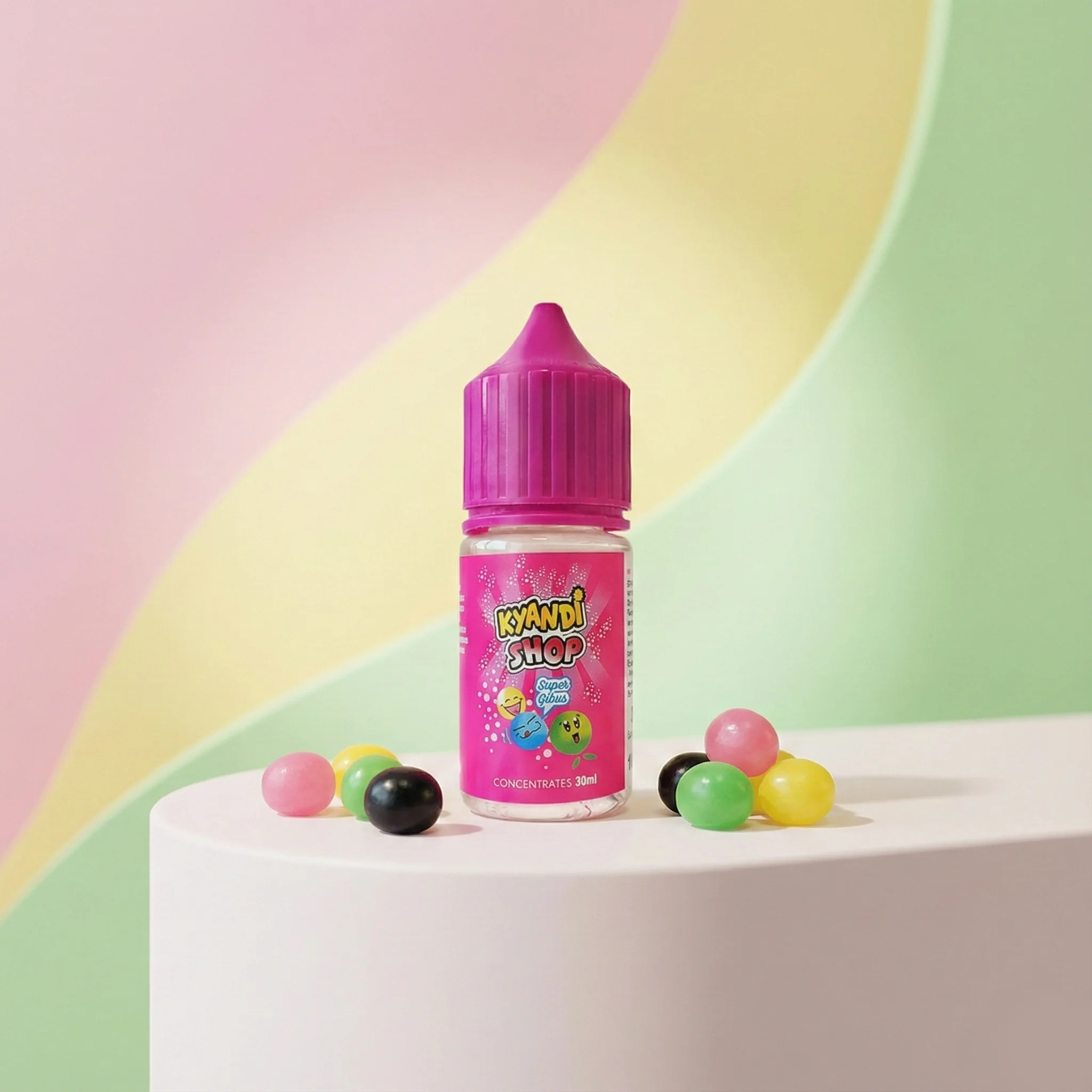 Arome 30ml Super Gibus gamme Kyandi Shop, dans un décor avec bonbons