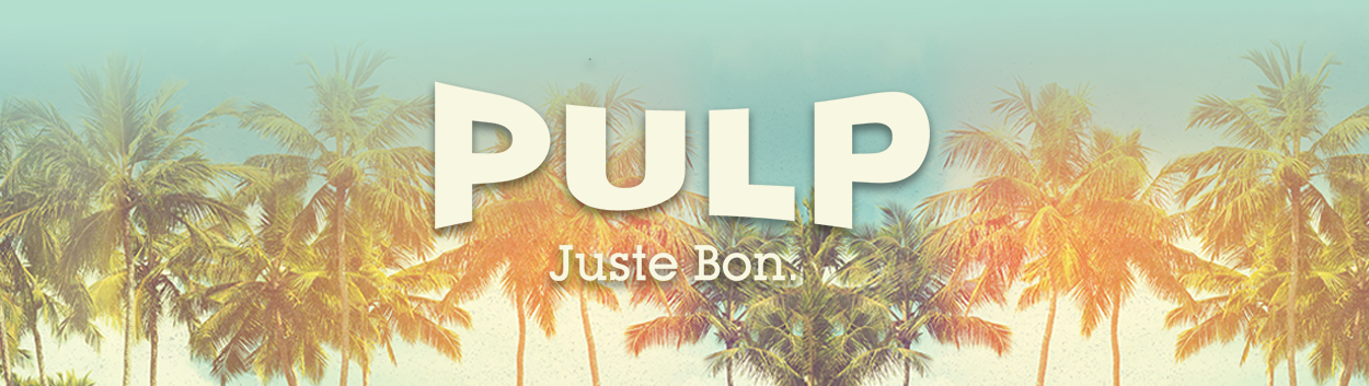 Logo PULP fabricant de e liquide français avec des palmiers et un couché de soleil