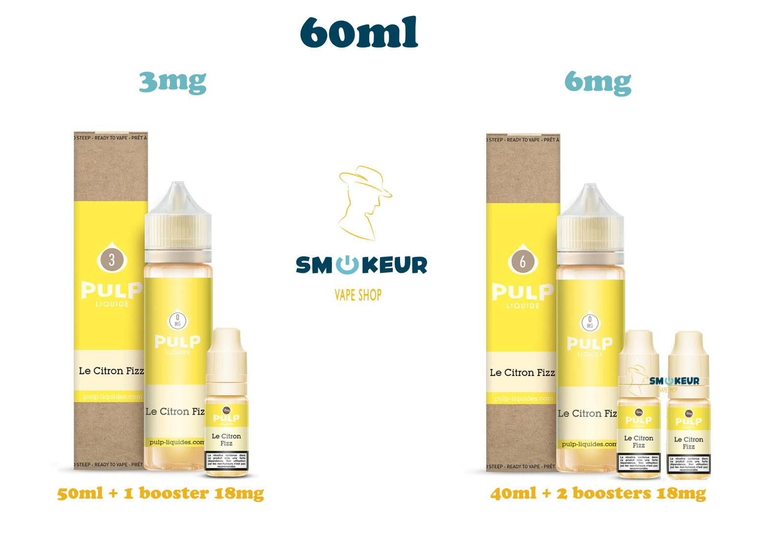 e liquide citron fizz 60ml de chez pulp en 3 mg de nicotine un booster ou en 6mg de nicotine avec deux boosters