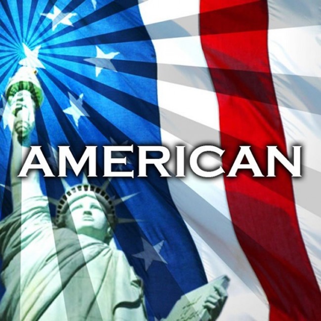 Drapeau américain avec statue de la liberté et "american" écrit en blanc