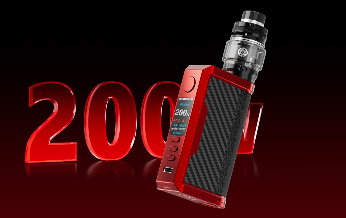 Kit Q200 Lost Vape Red Carbon 200W sur fond rouge