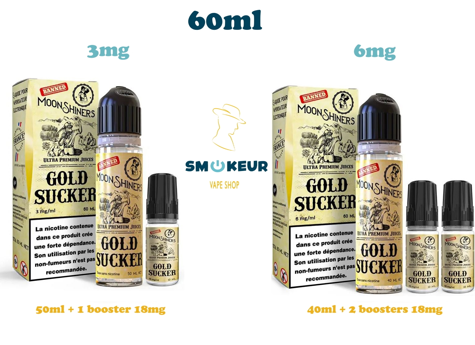 E-liquide Gold Sucker Moonshiners 60 ml, choix de dosage illustré