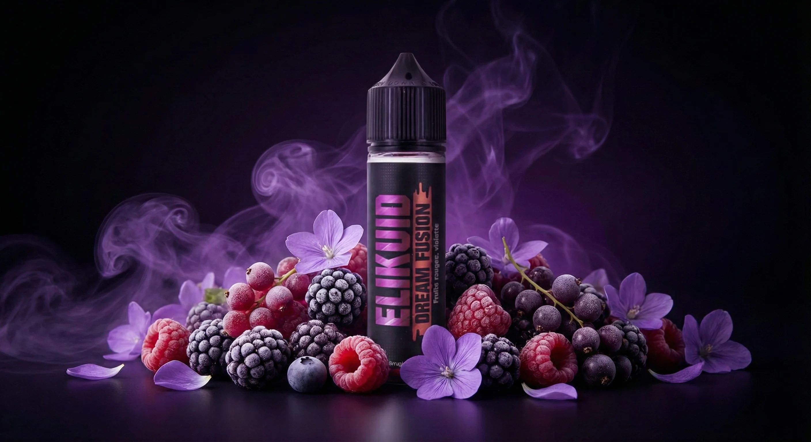 illustration du e-liquide Dream Fusion Elikuid, avec des fruits sur un fond violet