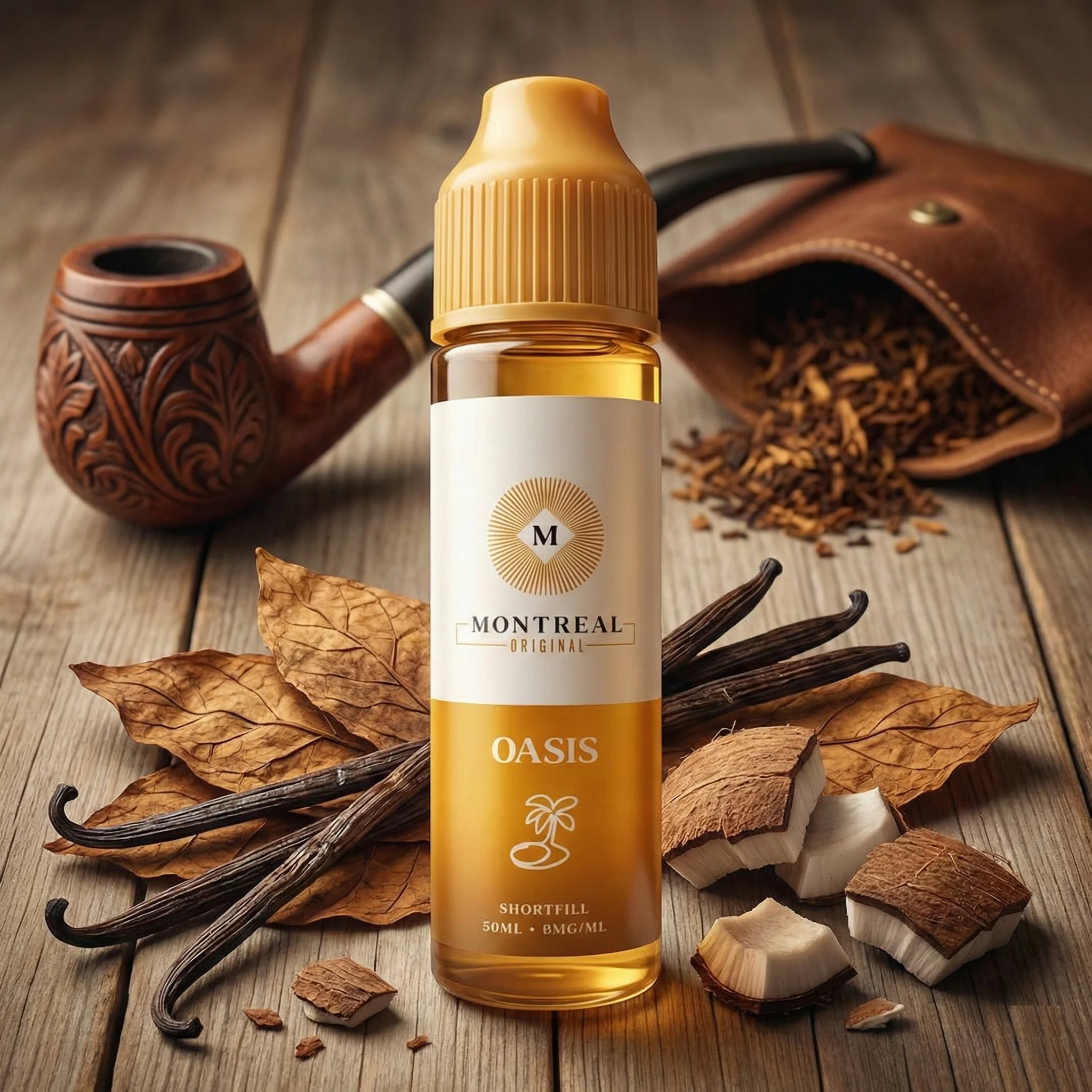 Eliquid Oasis 50ml Lontréal Original, illustré dans un décor avec pipe vanille et noix de coco