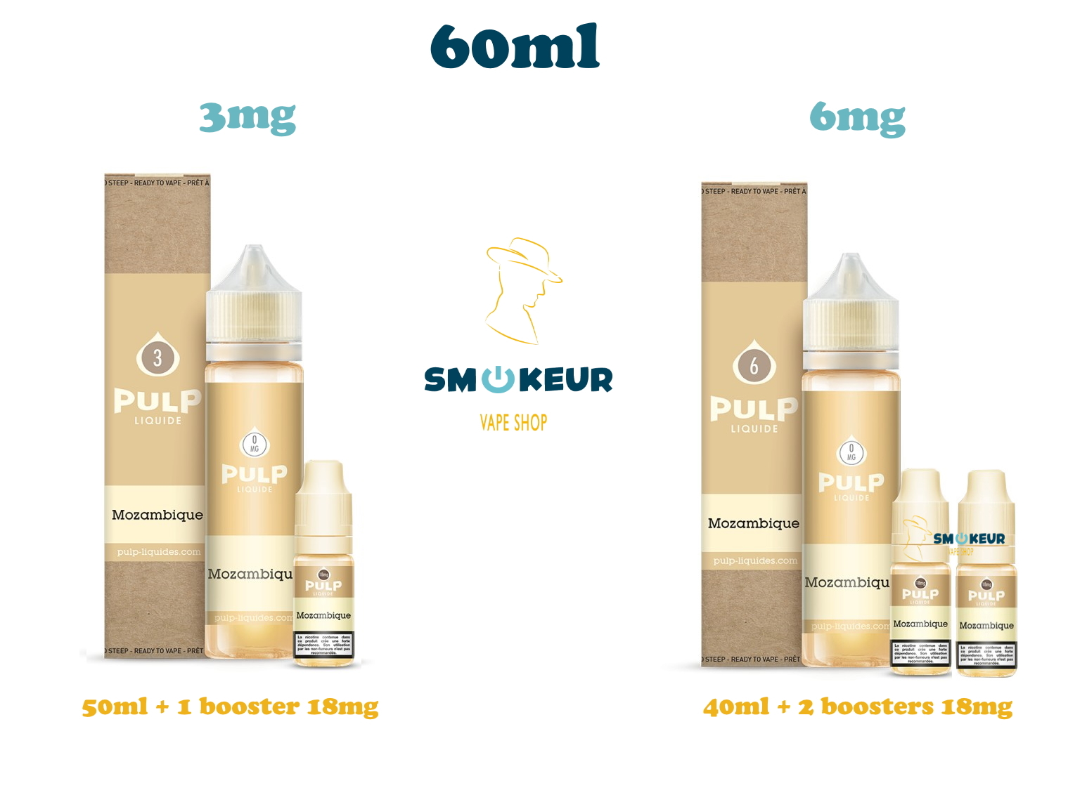 Mozambique 60ml de chez pulp en 3 mg de nicotine ou en 6mg de nicotine avec deux boosters