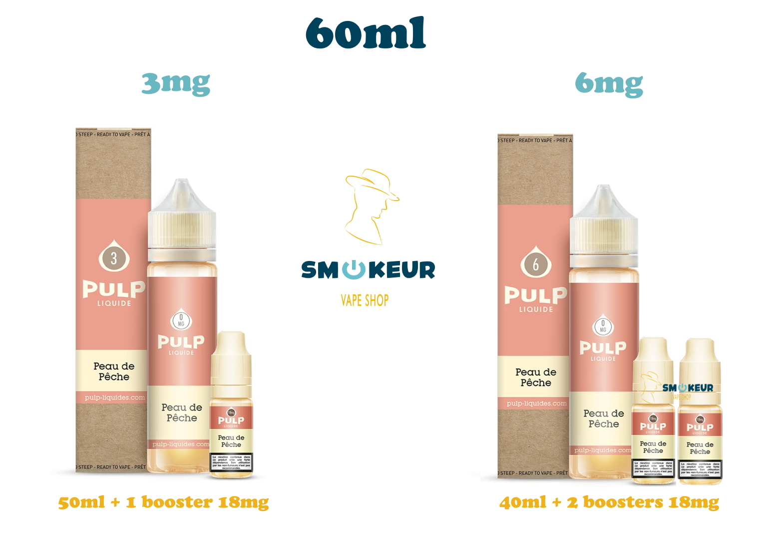 peau de pêche 60ml de chez pulp en 3 mg de nicotine ou en 6mg de nicotine avec deux boosters