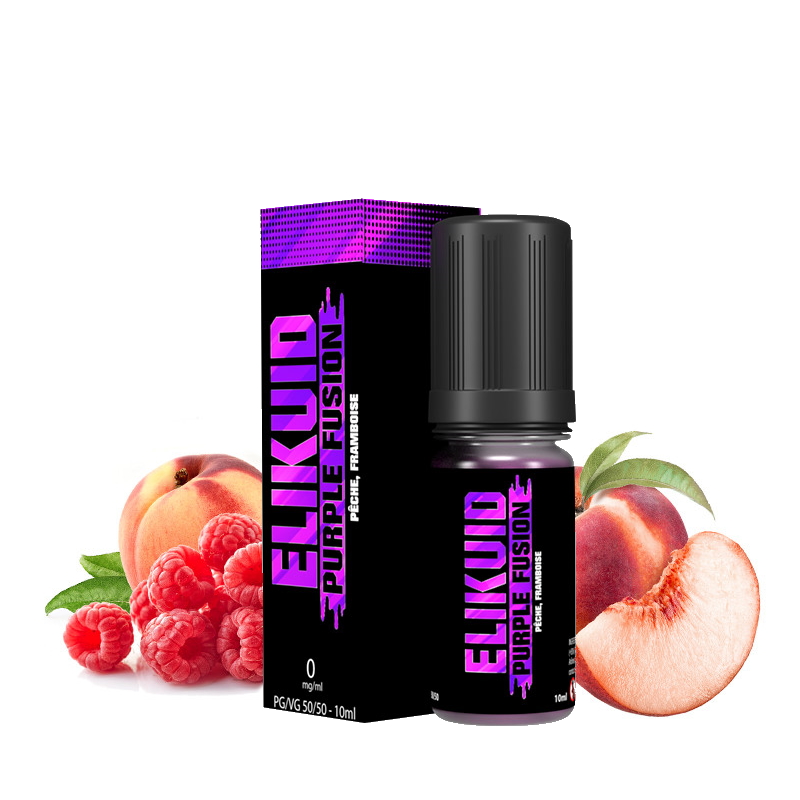 flacon de e liquide purple fusion 10 ml et ses fruits pêche et framboise