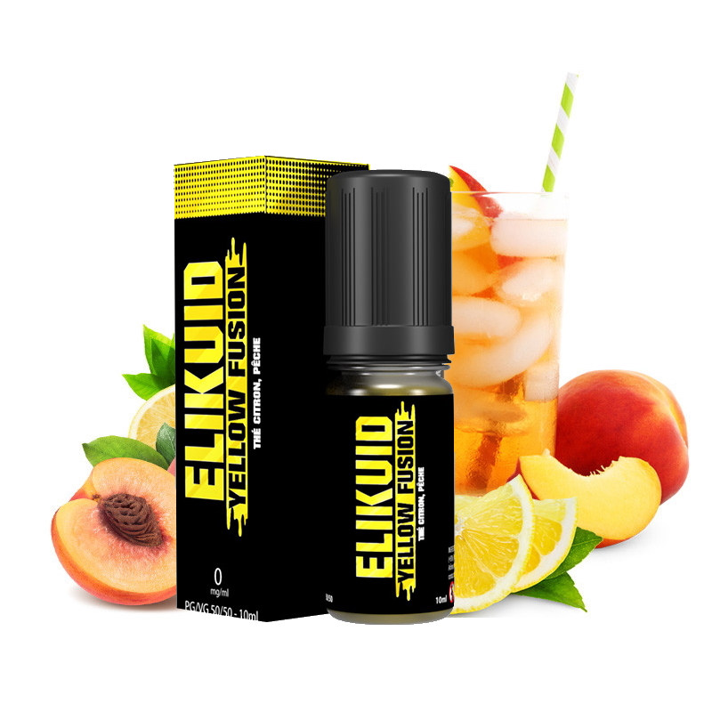 Flacon de e liquide 10 ml et ses pêches accompagnée de glaçons pour ce e liquide frais et bien sucré