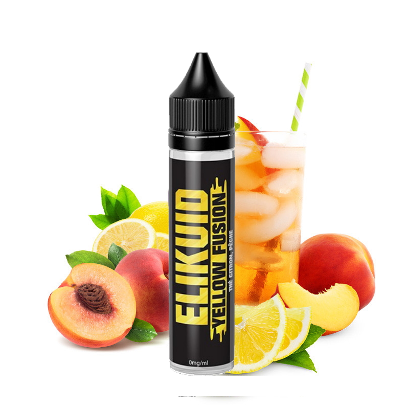 elikuid 50 ml thé glacé avec ses pêches et des glaçons dans un verre d'ice tea pêche